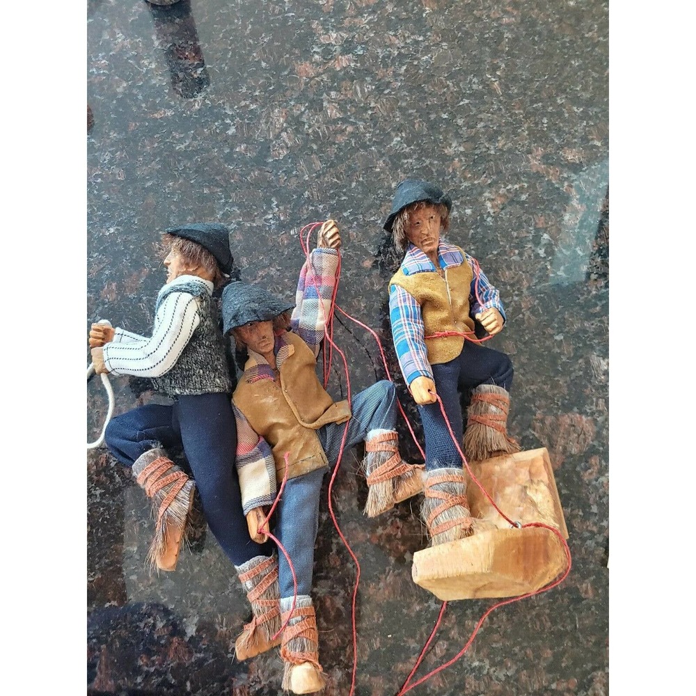 Wood sculpture carved 3 men climbers mountain rock boulder vintage Americana
